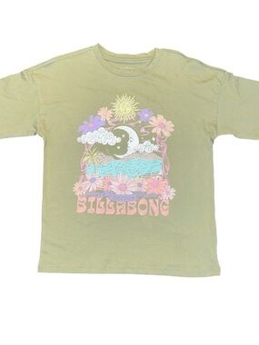Billabong Green Oversized Graphic Celestial Floral Tee Shirt Girls Small NWT